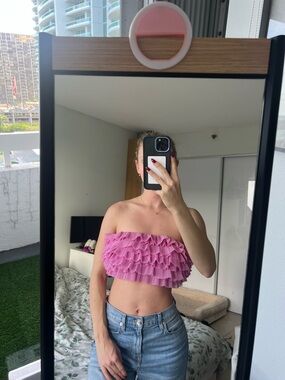 Zara Pink Ruffle Strapless Crop Top